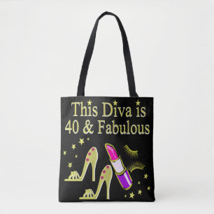 DIVA IS 40 AND FABULOUS GOLD HIGH HEEL DESIGN TOTE BAG