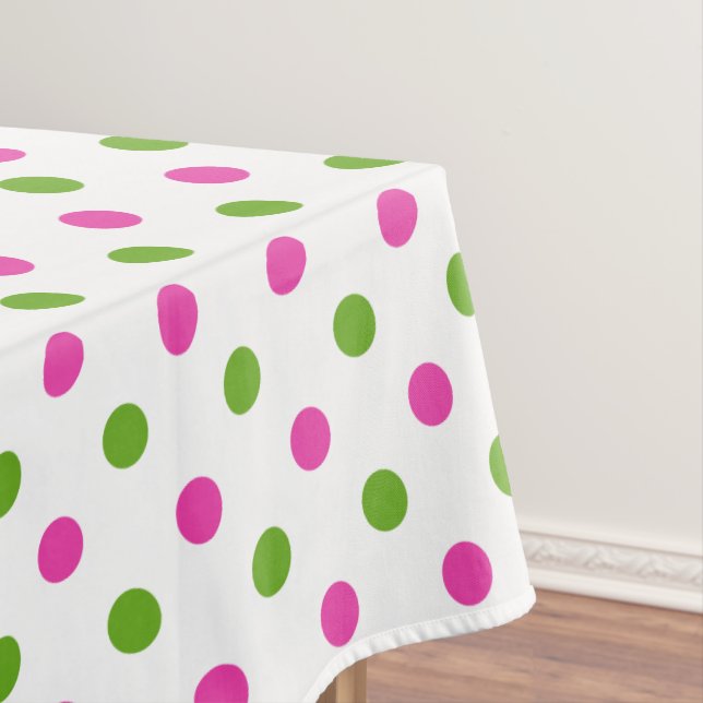Diva Pink and Green Apple Polka Dots on White Tablecloth (In Situ)