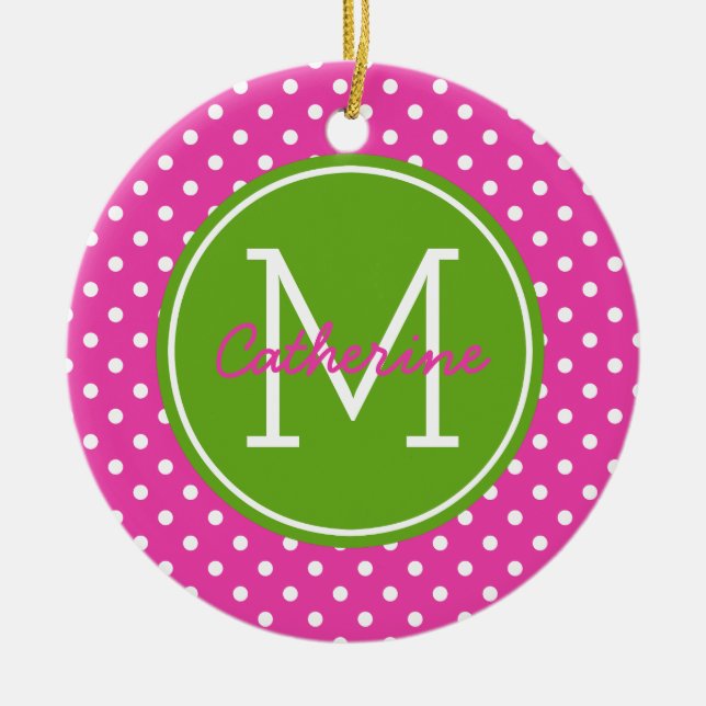 Diva Pink Green Apple and White Polka Dot Monogram Ceramic Ornament (Front)