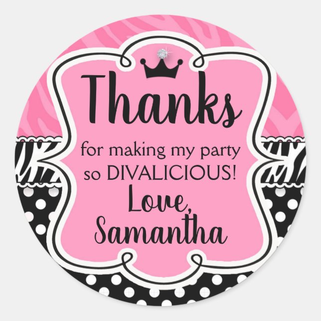 Diva Pink Zebra Black White Polkadot Thank You Classic Round Sticker (Front)