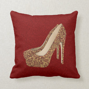 Diva Red Glitter Bling Glam Gold High Heel Shoes Throw Pillow