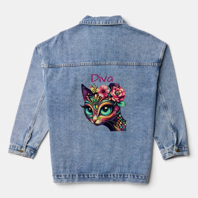 Diva Whimsical Big-Eye Cat Kitty Floral Denim Jacket (Back)