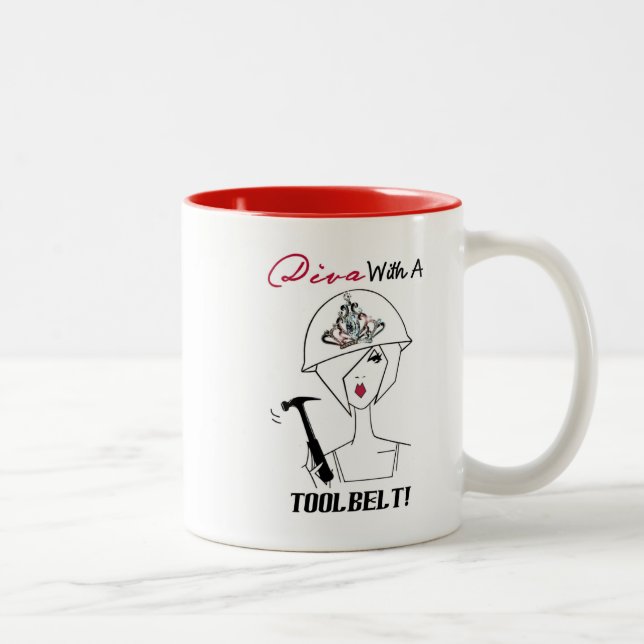“Diva With A ToolBelt and Tiara Hard Hat” Two-Tone Coffee Mug (Right)
