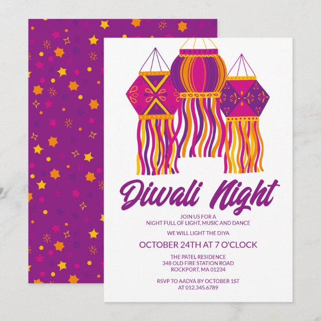 Divali Party Purple Pink Lantern Festive Invitation (Front/Back)