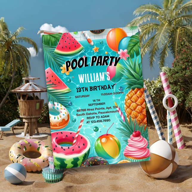 Dive boy water blue Cool Pool Party 13th Birthday Invitation (Creator Uploaded)