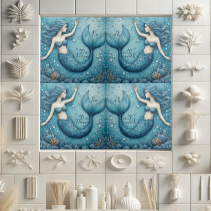 Dive Dream Rise Ocean Mermaid Aqua blue Coral Reef Tile