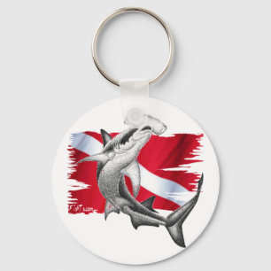 Dive flag with hammerhead shark-diver down keychain