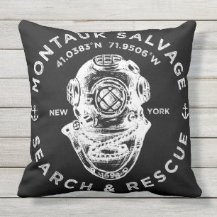 Dive Helmet Montauk Salvage Company Throw Pillow