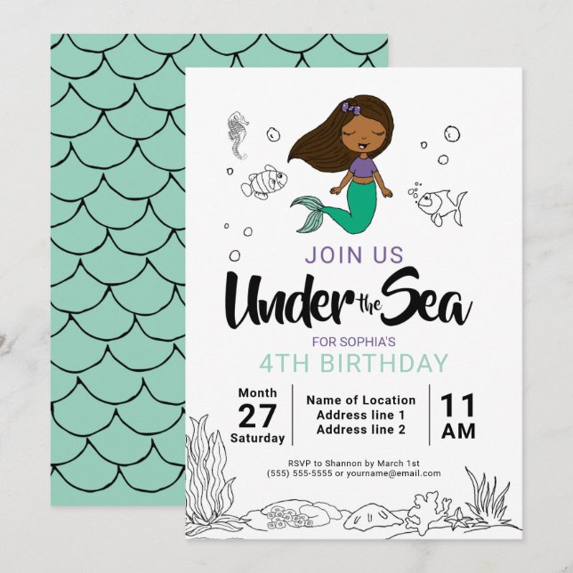 Dive In! Black Mermaid Birthday Party Invitations (Front/Back)