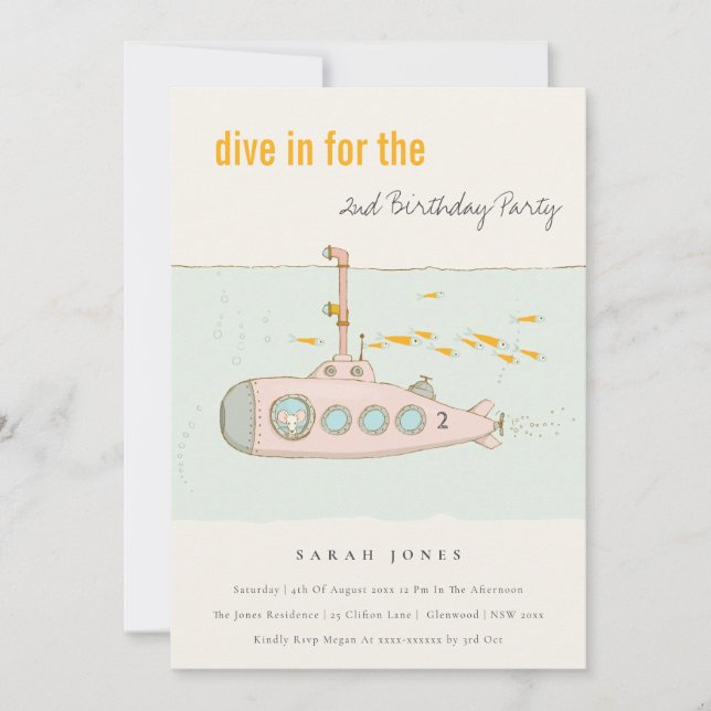 Dive In Undersea Submarine Any Age Birthday Invite (Front)