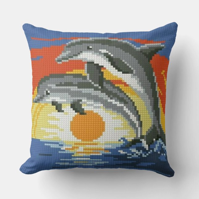  Dive into Delight: Playful Dolphin Cross Stitch T Throw Pillow (Front)