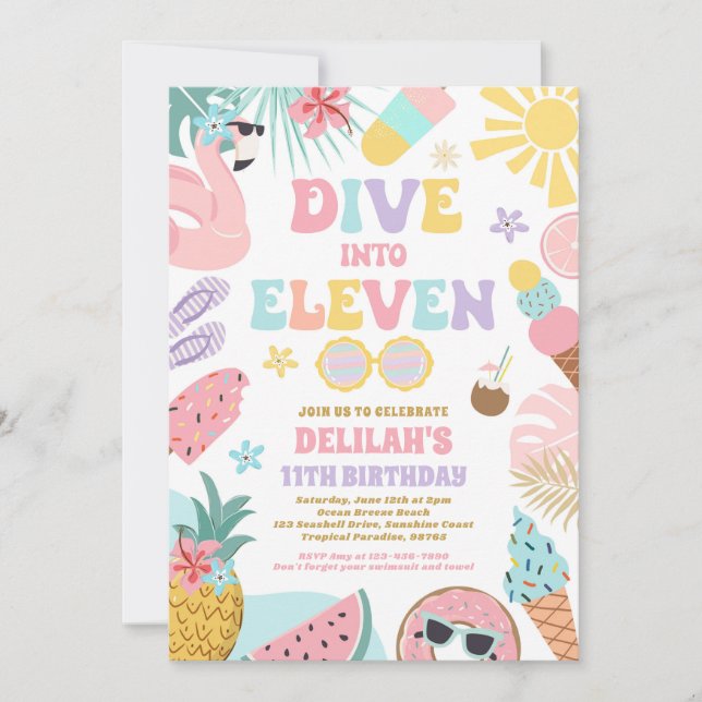 Dive Into Eleven Tropical Beach 11th Birthday  Invitation (Front)