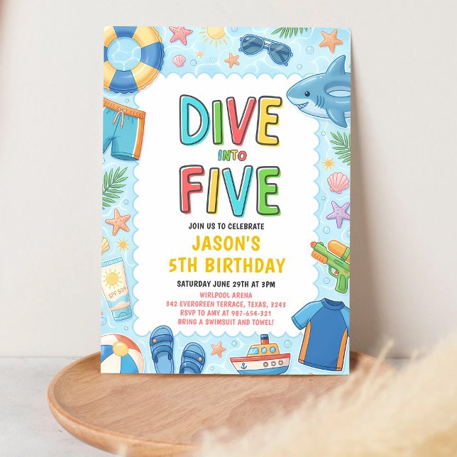 Dive Into Five 5th Birthday Pool Party Invitation (Creator Uploaded)