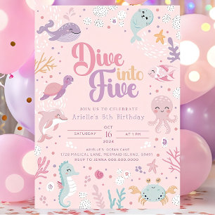 Dive Into Five Birthday Invitation. Ocean Animals  Invitation