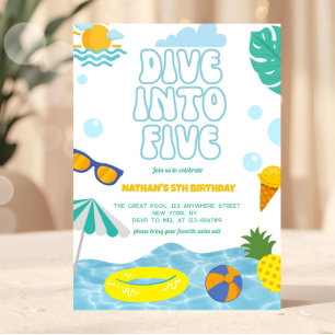 Dive Into Five Boy 5th Birthday Pool Summer Party Invitation