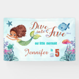 Dive into Five Brown Mermaid 5th Birthday Girl Banner