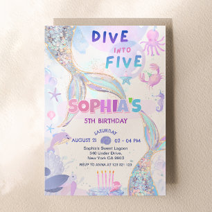 Dive Into Five Girl Birthday Party Mermaid Invitation