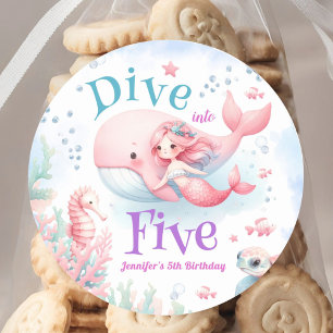 Dive Into Five! Girl Pink Mermaid 5th Birthday  Classic Round Sticker