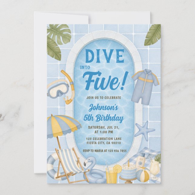 Dive into Five Kid's Boy Summer Pool Party Invitation (Front)