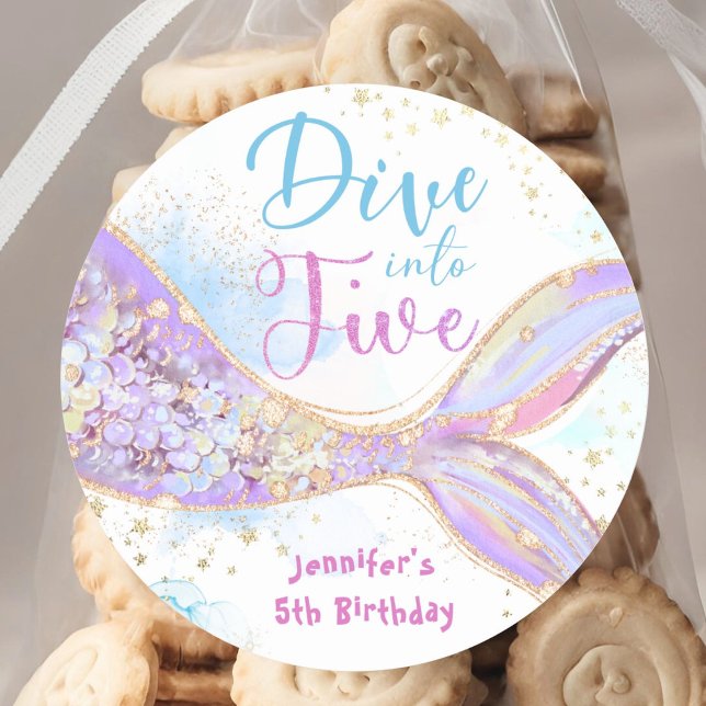 Dive into Five Mermaid 5th Birthday Dive into Five Classic Round Sticker (Creator Uploaded)