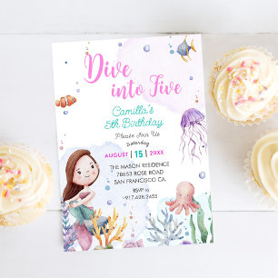 Dive Into Five Mermaid Girl 5th Birthday Party Invitation