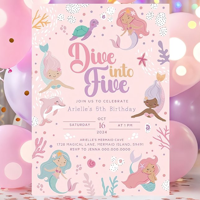 Dive Into Five Mermaid Invitation - Pink Girl 5th  (Creator Uploaded)