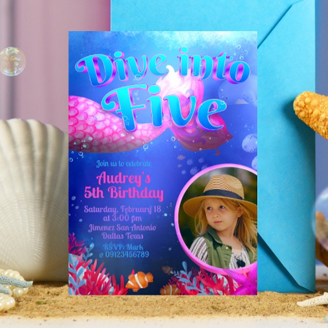 Dive into Five - Mermaid with Photo  Invitation (Dive into Five - Girl Mermaid 5th Birthday Invitation with Picture)