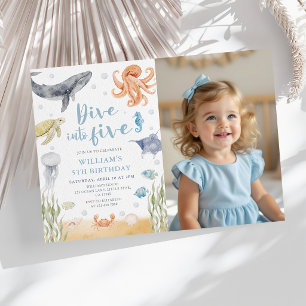 Dive Into Five Ocean Animals 5th Birthday Photo Invitation