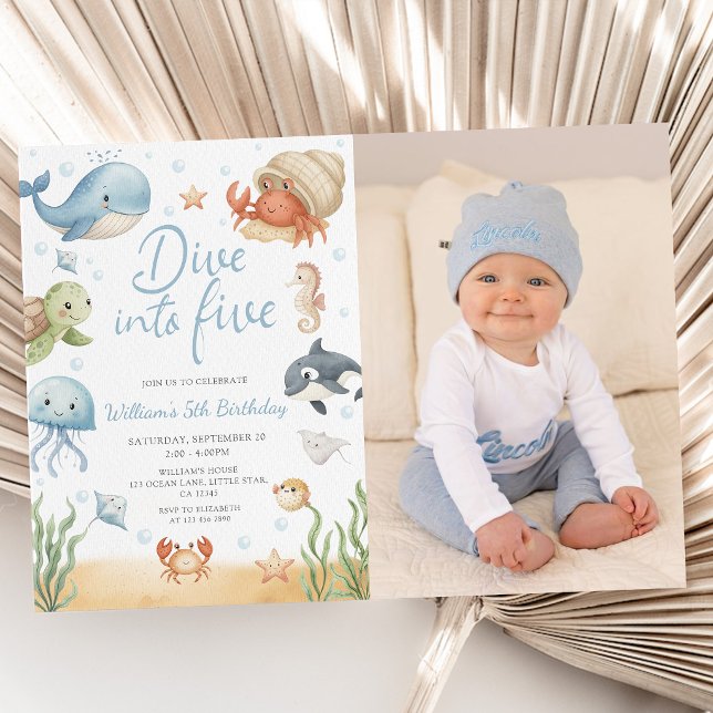 Dive Into Five Ocean Animals 5th Photo Birthday  Invitation (Creator Uploaded)
