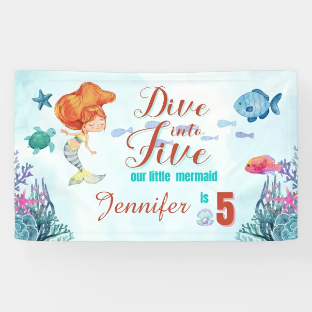 Dive into Five Orange Mermaid Girls 5th Birthday Banner (Horizontal)
