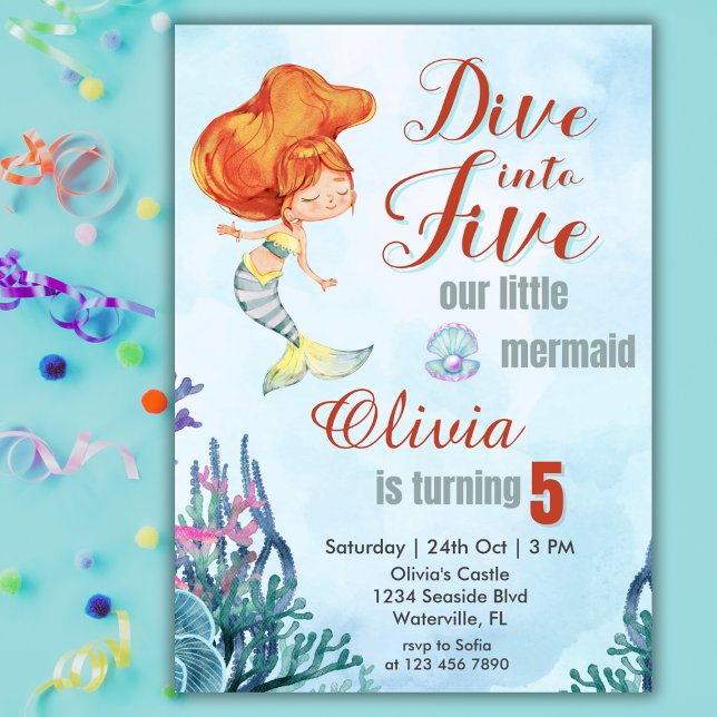 Dive into Five Orange Mermaid Girls 5th Birthday  Invitation (Creator Uploaded)