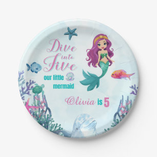 Dive into Five Purple Mermaid Girls 5th Birthday Paper Plate