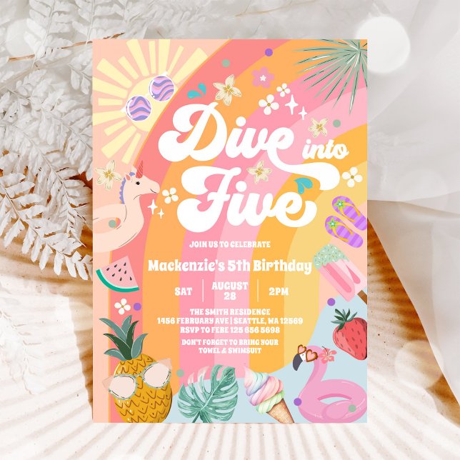 DIve Into Five Rainbow Sun Summer 5th Birthday  Invitation (Creator Uploaded)