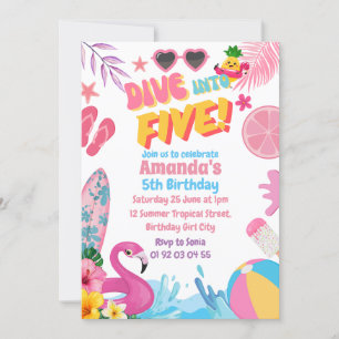  Dive Into Five Retro 5th Pool Birthday Party Invitation