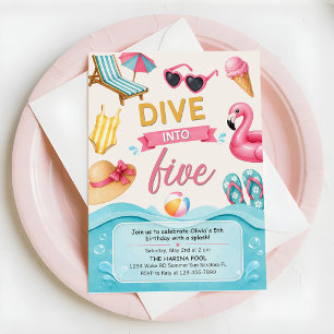 Dive Into Five Summer Pool Birthday Party Invitation