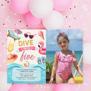 Dive Into Five Summer Pool Birthday Party Photo Invitation