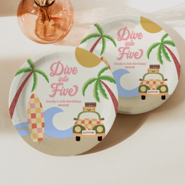 Dive Into Five Surf Board Pink 5th Birthday Party Paper Plate (Creator Uploaded)