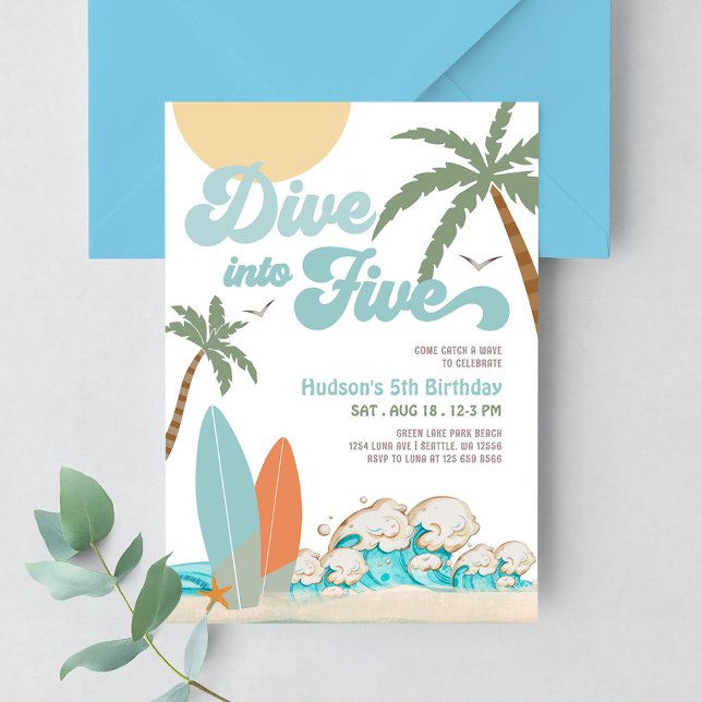 Dive Into Five Surfing Boy 5th Birthday Party Invitation (Creator Uploaded)
