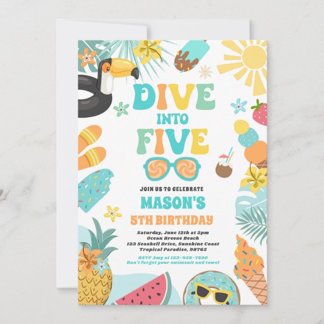 Dive Into Five Tropical Beach 5th Birthday Party Invitation (Front)