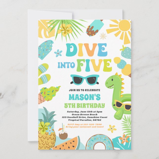 Dive Into Five Tropical Beach 5th Birthday Party Invitation (Front)