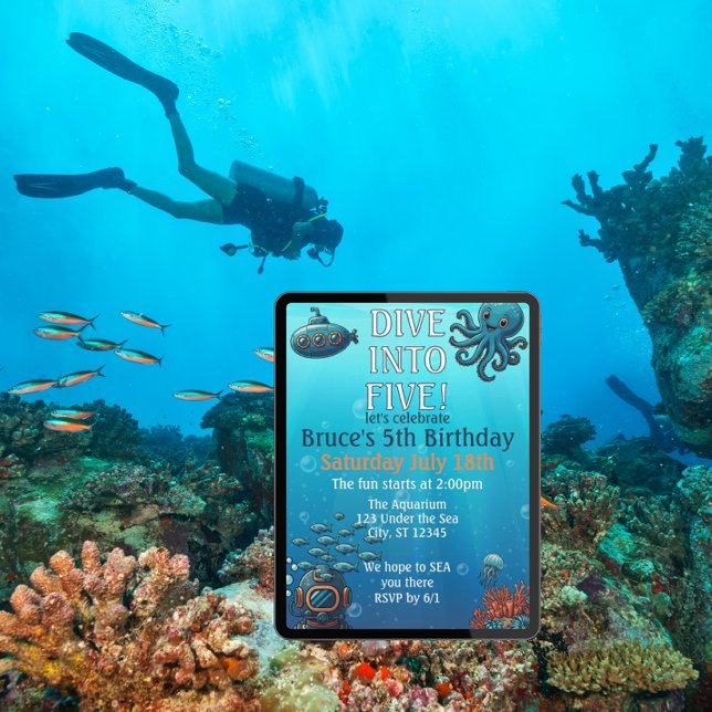 Dive Into Five, Under the Sea Blue birthday party Invitation (Creator Uploaded)