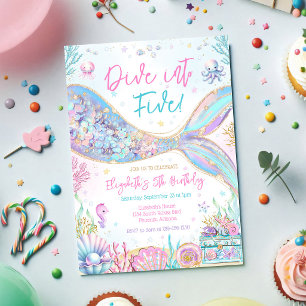 Dive Into Five Under the Sea Mermaid Girl Birthday Invitation