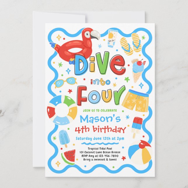 Dive Into Four Summer Pool Party 4th Birthday Invitation (Front)