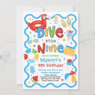Dive Into Nine Summer Pool Party 9th Birthday Invitation