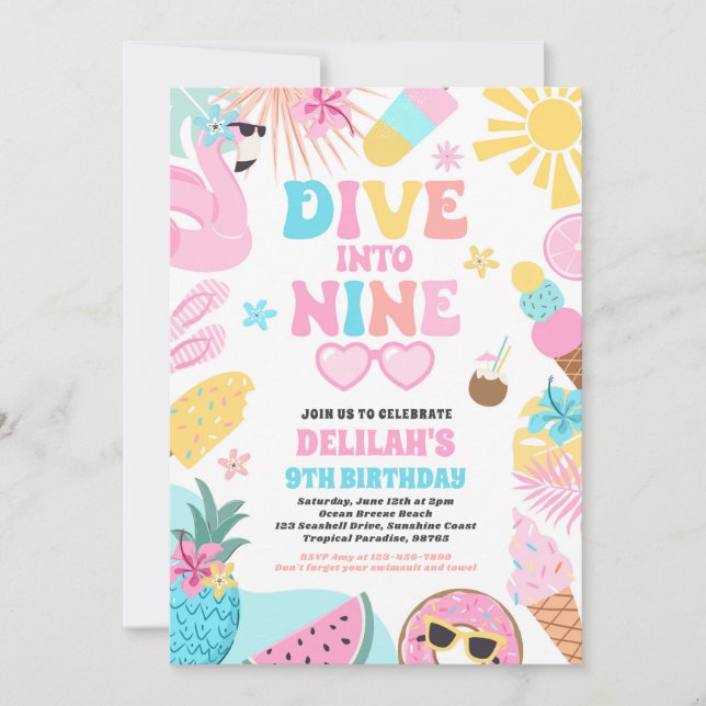 Dive Into Nine Tropical Beach 9th Birthday Party Invitation (Front)