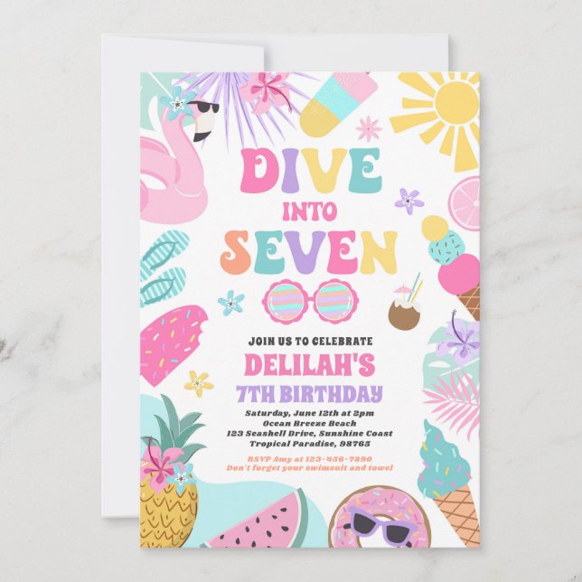 Dive Into Seven Tropical Beach 7th Birthday Party Invitation (Front)