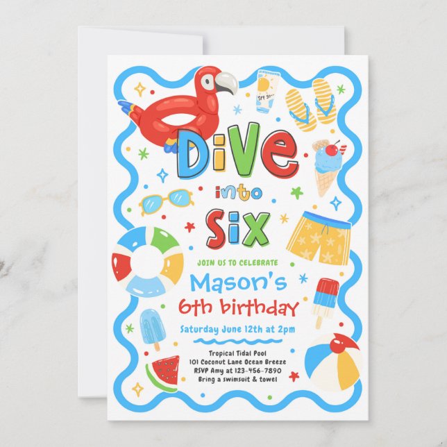 Dive Into Six Summer Pool Party 6th Birthday Invitation (Front)