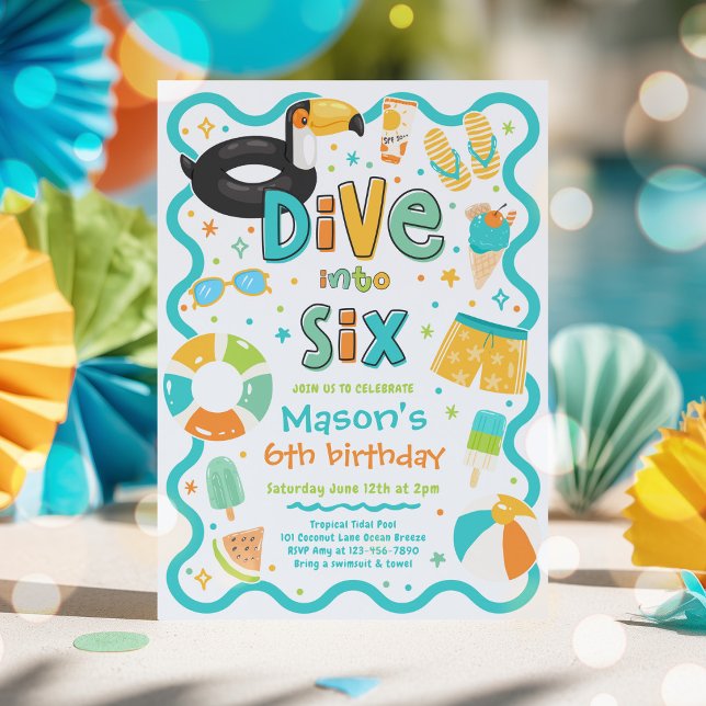 Dive Into Six Summer Pool Party 6th Birthday Invitation (Creator Uploaded)