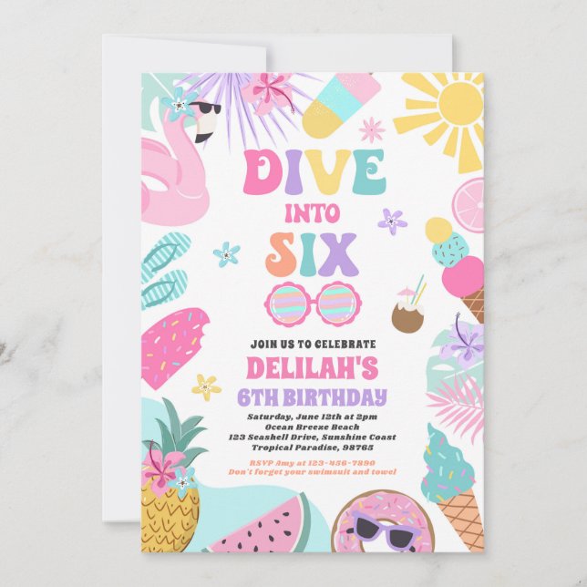 Dive Into Six Tropical Beach 6th Birthday Party Invitation (Front)