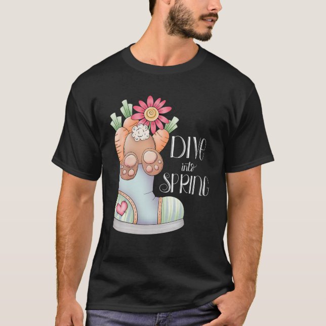 Dive Into Spring Bunny With Rain Boot And Carrots T-Shirt (Front)